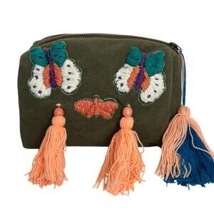 Raj LA Dark Sage Green Canvas Embroidered Tasseled Butterfly Cosmetic Bag NEW